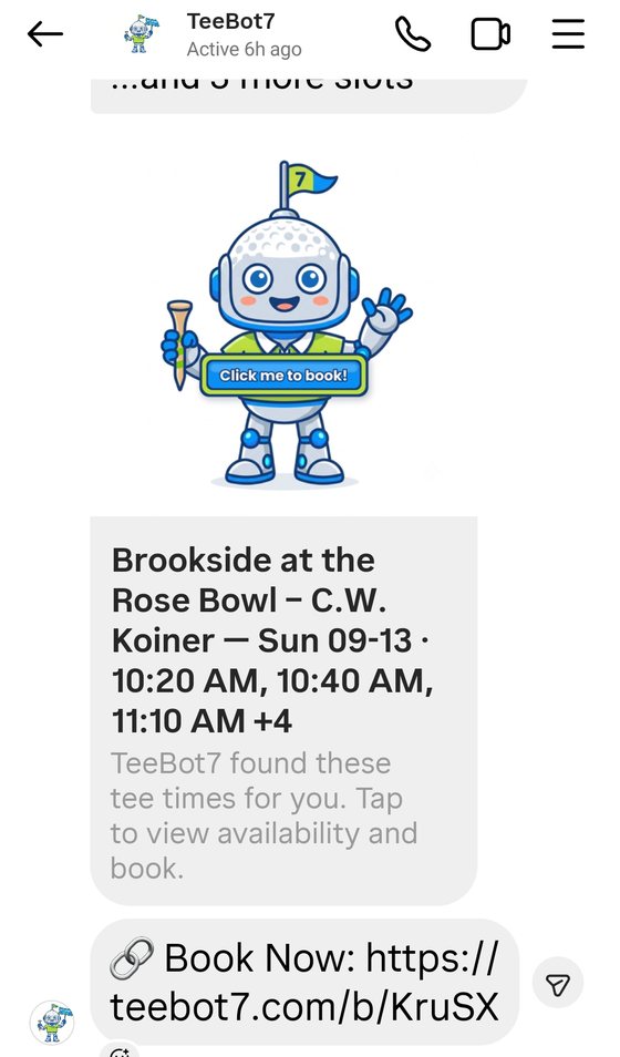 TeeBot7 follows the alert with a booking card and a Book Now link to teebot7.com.